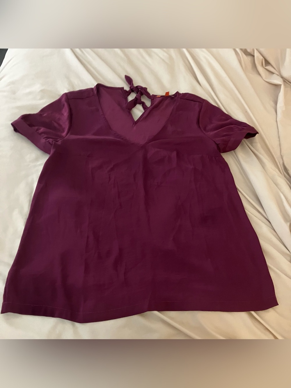 ModCloth Plum Purple V-Neck Top Large Double Tie Back Short Sleeve Cuff Buttons